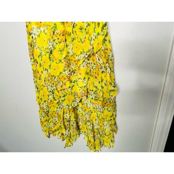 SHOSHANNA Yellow Floral Chiffon Short Flutter Sleeve Ruffle Hemline Dress size 0 - Picture 7 of 13